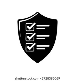 Black and white security shield with checklist icon quality control guarantee protection vector illustration