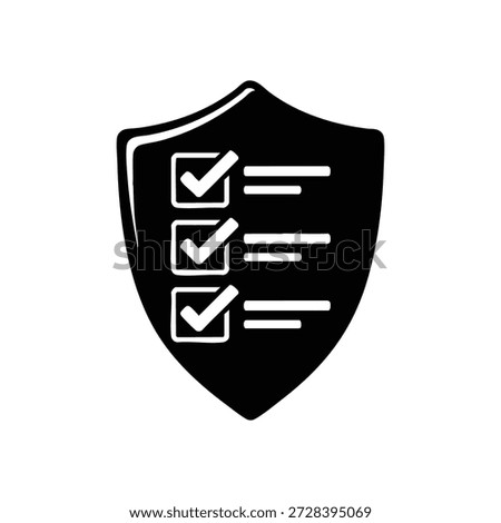Black and white security shield with checklist icon quality control guarantee protection vector illustration