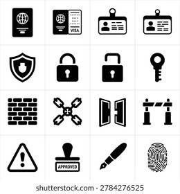 Black and white security travel identification and access control icons with symbols for documents and permissions