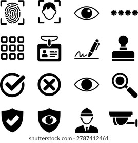 Black and White Security Verification Authentication Identity Check Symbols Icons with Fingerprint Face Recognition