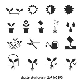 Iconos de instrucciones de siembra en blanco y negro