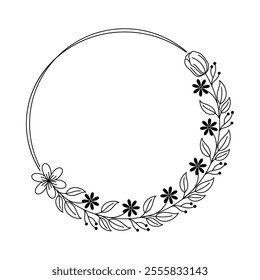 Black and White Semi-Circular Floral Frame with Elegant Blooms, Leafy Branches and Tulip