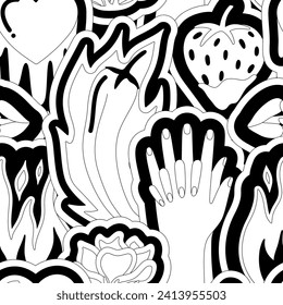 Black and white sensual seamless pattern of hands, flame, chili, melting heart, kiss, strawberry and rose. Vector illustration for Valentine's Day. Love and passion. Wrapping paper, wallpaper, fabric