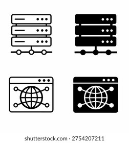Black and white server and browser icons showing web hosting and internet connectivity concepts in simple grid layout