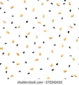 Black and white sesame seeds isolated on white background. Seamless vector pattern. Bakery spices.