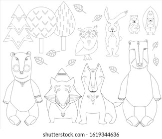 Black and white set of 12 elements coloring book: Squirrel, Rabbit, Owl, Hamster, Fox, Bear Girl,  Bear Boy, 3 trees and Leaves