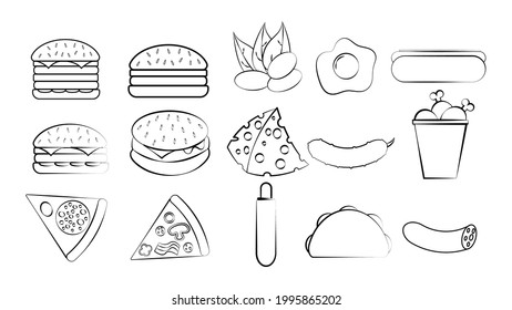 Black and white set of 15 food and snack items icons for restaurant bar cafe: burgers, nuts, pizza, cheese, hot dog, burinno, chicken. The background