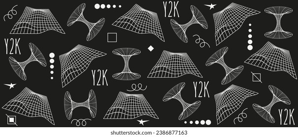 Elementos estéticos geométricos y de 2k abstractos geométricos 3d y formas de armazón de alambre en blanco y negro. La geometría da forma al diseño retro. Ilustración vectorial para redes sociales, páginas web, sitios web, carteles y afiches.