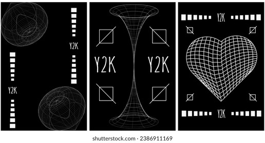 Black and white Set 3d abstract Geometric y2k aesthetic background with wireframe shapes. Geometry figure retro design. Vector illustration for social networks, web pages, website, banners and posters