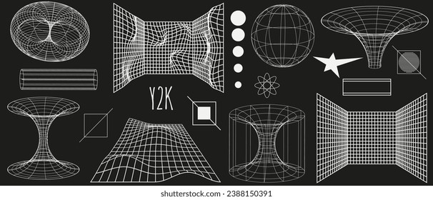 Black and white Set 3d abstract Geometric y2k aesthetic elements and wireframe shapes. Geometry grid shapes retro design. Vector illustration for social networks, web pages, banners and posters.
