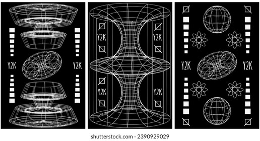Black and white Set 3d abstract Geometric y2k aesthetic background with wireframe shapes. Geometry shapes retro design. Vector illustration for social networks, web pages, website, banners and posters