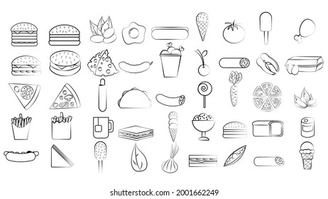 Black and white set of 45 food and snack items icons for restaurant bar cafe: fast food, cheat meat, burger, pizza, hot dog, sandwich, fruits, vegetables. The background. The background