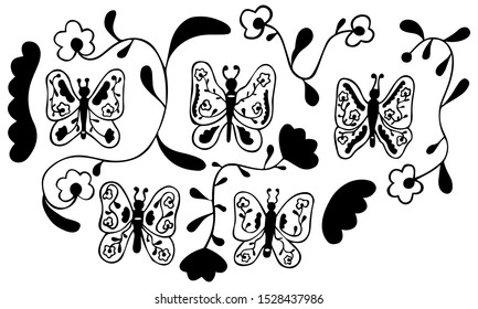 Black and white set of 5 abstract butterflies with patterns inside, 4 unusual flowers and 2 wavy shapes. Isolated hand-drawn design elements. Vector.