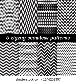 Black and white set of 8 seamless vector patterns with zigzag