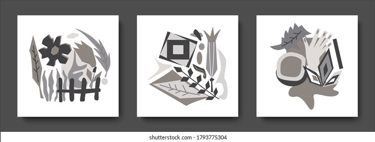 
Conjunto blanco negro de tarjetas abstractas Cubism Elements flores, hojas, mano, diferentes formas Aplicables a felicitaciones, tarjetas, invitaciones, portadas, banners, folletos.