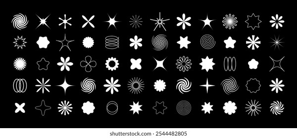 Black and white set of abstract retro geometric shapes in 70s groovy style. Contemporary collection of various bold and linear design elements: flowers, stars, spirals, swirls and other basic forms.	