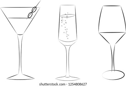 
Black and white set of alcohol drinks icons. Martini, champagne, wine