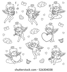 Black and white set of angels, vector characters of Valentine's Day 