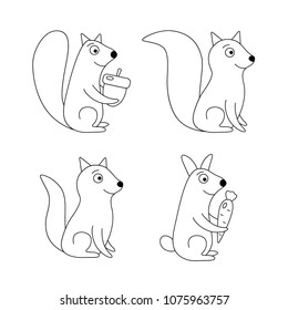 Black and white set of animals. Fox, wolf, squirrel, hare.