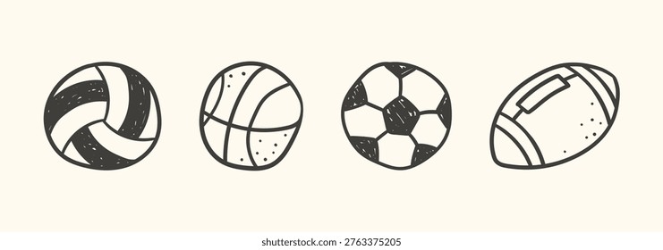 Black and white set of balls - volleyball ball, basketball ball, soccer ball, rugby ball; drawing, sketch; simple cute vector illustration, hand drawn in flat style