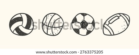 Black and white set of balls - volleyball ball, basketball ball, soccer ball, rugby ball; drawing, sketch; simple cute vector illustration, hand drawn in flat style