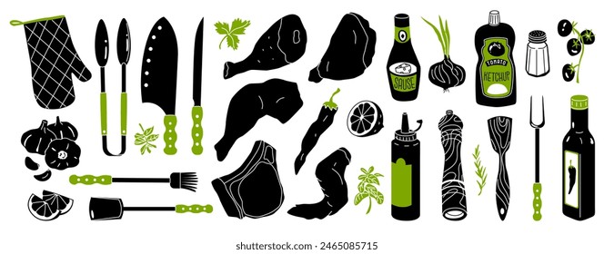 Black and white set of barbecue items. Elements for graphic design of packaging or advertising for summer sale in a grocery store or cafe. Vector illustration isolated on transparent background.
