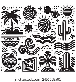 Schwarz-Weiß-Reihe von Strand-Ikonen. Vektorillustration. Sommerkonzept.