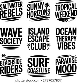 Black and white set of beach themed typography with wave and palm tree isolated on a white background, for apparel