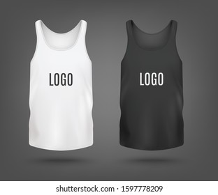 Black and white set of blank tank top or sleeveless shirt templates, realistic vector illustration isolated on background. Sport or casual cloth mockup front view.