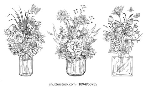 Black and white Set of bouquets of flowers in glass vases. Vector illustration.