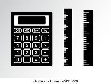 Black and white set - calculator and ruler. Vector illustration
