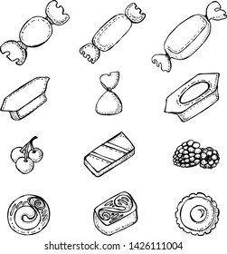 Black and white set. Candy wrapped. Fruits. Chocolate candies.