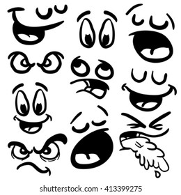 black and white set of cartoon eyes and mouths isolated on white