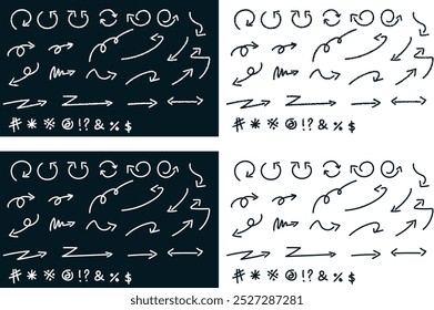 black, white set of chalk pencil, brush stroke arrows.  hand drawn black abstract shapes of different sizes. Collection of rough charcoal arrows flat vector illustration.