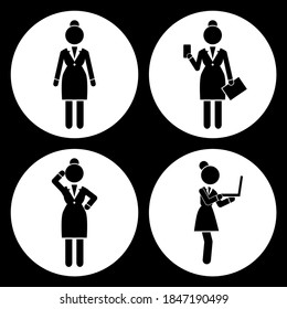 Black and white set of characters. Businesswomen wearing office dress. Business lady holding folder or case, phone in hands. Business person thinking, gesture hand. Female using laptop. Simple avatar