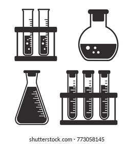 Black and  white set chemical vessels and  flasks with liquid. Vector illustration