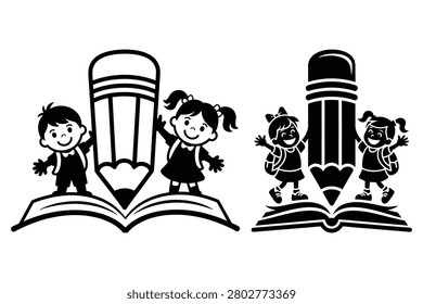 Black and white set of children standing behind a large pencil and open book girl