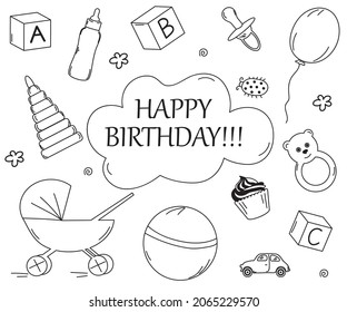 black and white set of children's toys in the doodle style