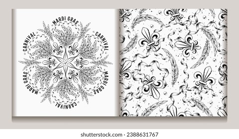 Black and white set of circular ornament, seamless pattern for Mardi Gras carnival decoration. Fleur de lis, feathers, beads on black background. For prints, clothing, t shirt, holiday goods, stuff