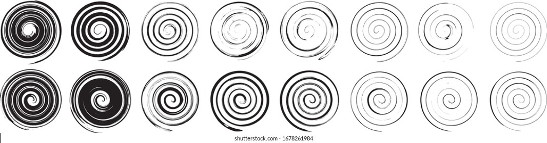 Schwarz-Weiß-Satz der kreisförmigen, verdrehten wirbelnden Elemente. Grunge abstraktes Schlaganfalldesign. Inklierte Spiralformen. Rotations- und Mischflüssigkeit in der Tasse. Kollektion von kreisförmigen Motivelementen.