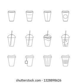 Black and white set of coffee cup. Cardboard coffee cup mockup. Design elements for cafe menu or coffee shop.