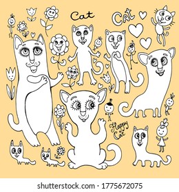 colección de gatos y flores divertidos en blanco y negro 