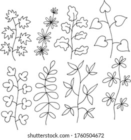 black and white set collection of plants with flowers and leaves coloring vector illustration