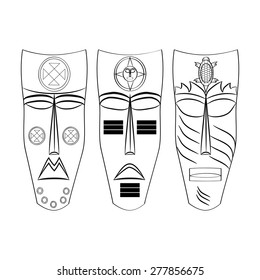 black and white Set of colored masks of the Aztecs and the Maya of ancient Mexico