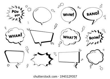Black and white set comic speech bubbles in pop art style. Comic dialogue blank cloud with space text. Blank collection comic speech bubbles halftone. Isolated set on white background. Vector pop art