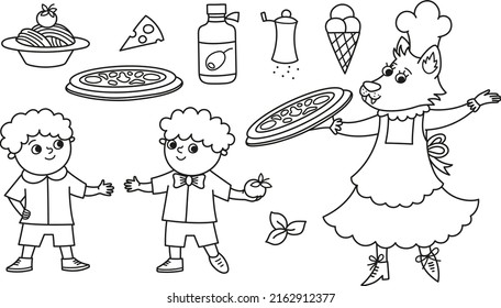 Conjunto blanco y negro con lobo cocinero y dos niños, pizza, gelato, espagueti, aceite de oliva. La página de color del restaurante italiano. Cocina tradicional romana e ilustración del chef. Gracioso clipart para los niños
