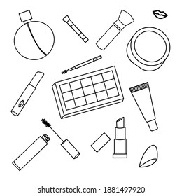 Black and white set of cosmetics. Doodle makeup tools. Icons lipstick, mascara, eye shadow, blush, perfume. Vector illustration.