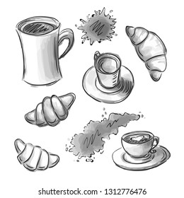 Black and white set of cups and mugs with coffee and tea, croissants and coffee stains