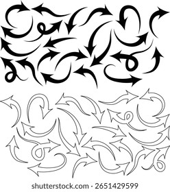 Black and white set of curved arrows isolated on a white background