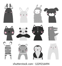 Black and white set of cute animals. Childish graphic. Vector hand drawn illustration.